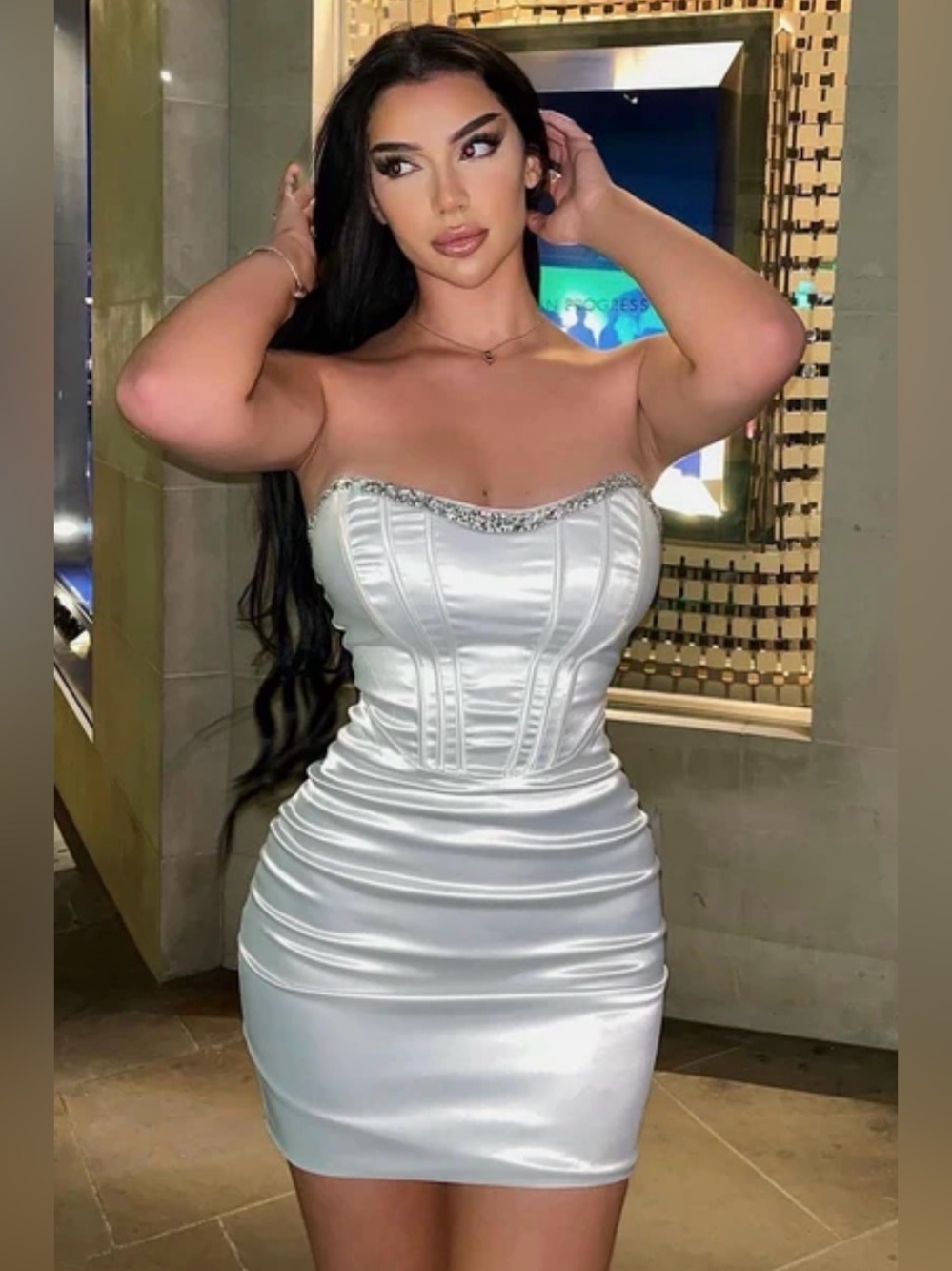 Bridal Corset Satin Mini Dress with Embellished Neckline
